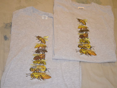 http://foxloft.com/store/shirt/beestack

Bee stack! It's a stack of honeybees of different races/varieties. The bottom is a queen bee, above her is a drone, the rest are worker bees. Honey bees vary in color within each race and show a lot of variety, but each of these is based from top to bottom on the following bees: Russian, Cordovan, German, Carniolan, Caucasian, Buckfast, and Italian.